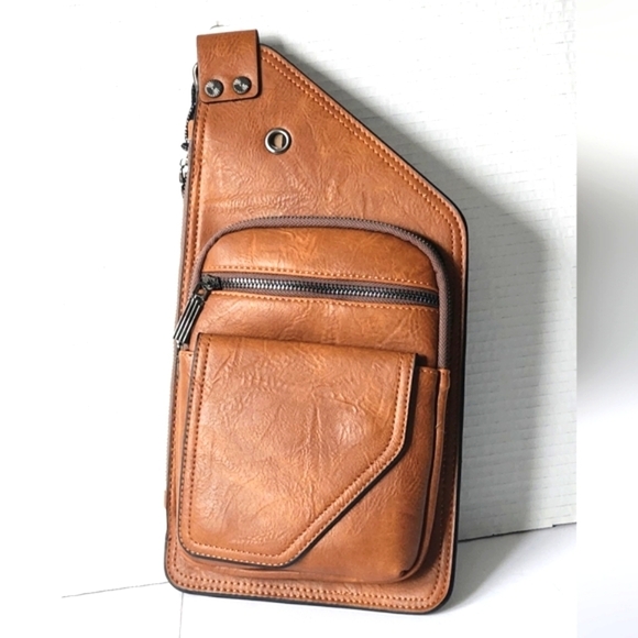 Classic Fashion Men's Brown Leather Sling Crossbody Bag - Picture 3 of 8